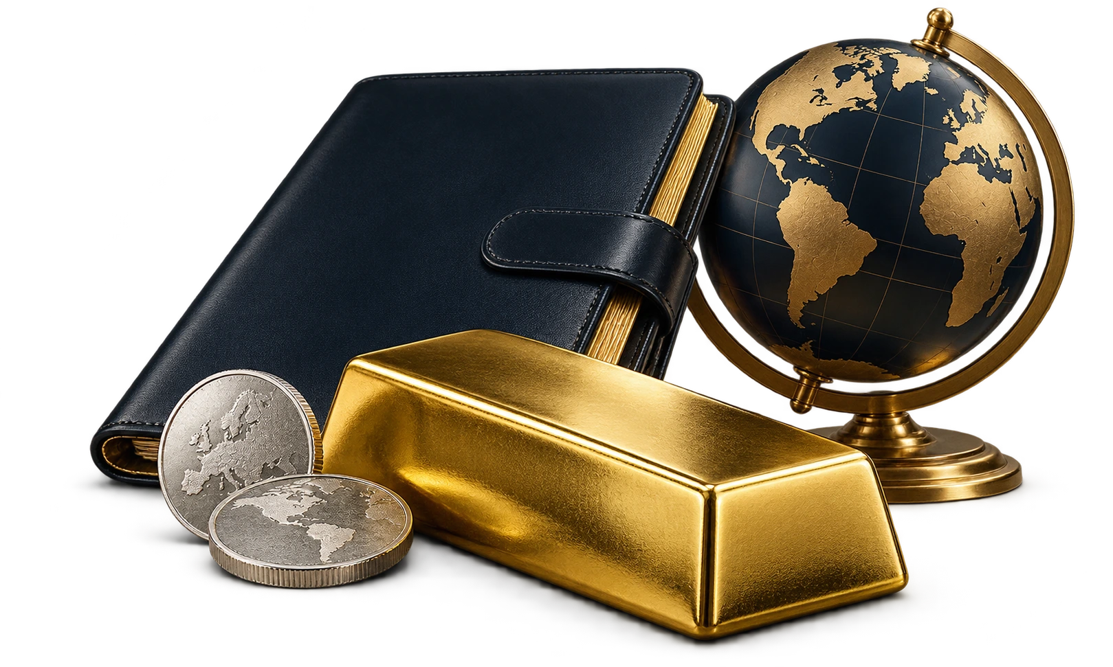 Illustration: Gold, Silber, Unterlagen und Globus als Symbol für eine internationale Vermögensstruktur